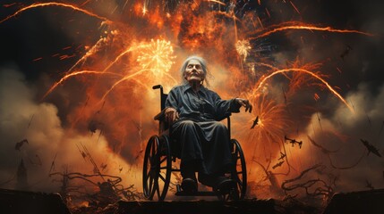 Man in Wheelchair Watching Fireworks