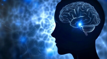 Human Brain Activity Concept with Blue Light and Network Lines, Copy Space
