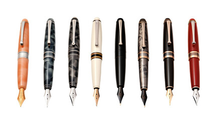 A variety of colorful pens are lined up neatly in a row on a white surface - Powered by Adobe