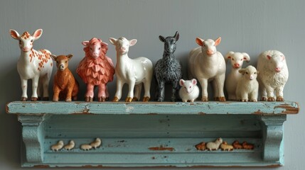 Farm animal toys hanging on a wall shelf. toy animals