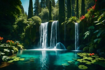 A breathtaking waterfall plunging into a crystal-clear pool amidst a verdant landscape, surrounded by towering trees and vibrant flowers