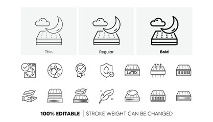 Breathable, Memory foam, latex. Mattress line icons set. Washable pillow, bed tick icons. Light weight, natural material, pocket sprung mattress. Bed mite, antiallergic latex. Line icons set. Vector