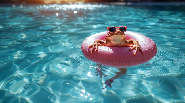  A frog perched atop a pink float, reflected sunlight shimmering on water below