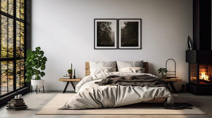 A bedroom with a fireplace and a large bed. The bed is covered in a white comforter and has a black and white photo on the wall above it. The room has a modern and cozy feel, with a potted plant
