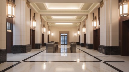 Obraz premium State courthouse building lobby with pale stone and oil-rubbed bronze accents.