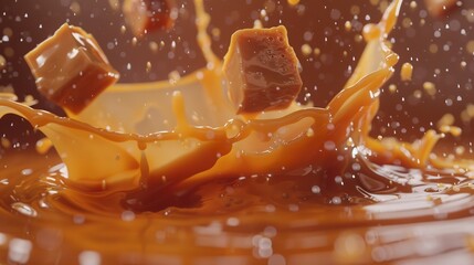 Slow motion shot of caramel chunks falling - obrazy, fototapety, plakaty