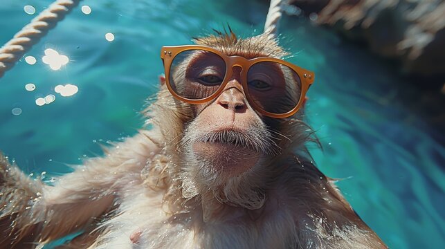  A monkey holding sunglasses, floating in a pool with a rope tied around its neck