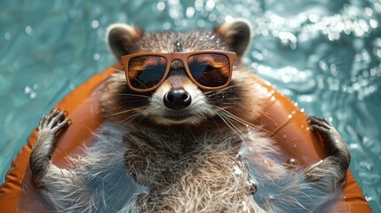  Raccoon on raft in pool with floater - obrazy, fototapety, plakaty