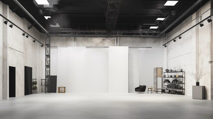 Theater set design studio with white walls and matte black structural elements.
