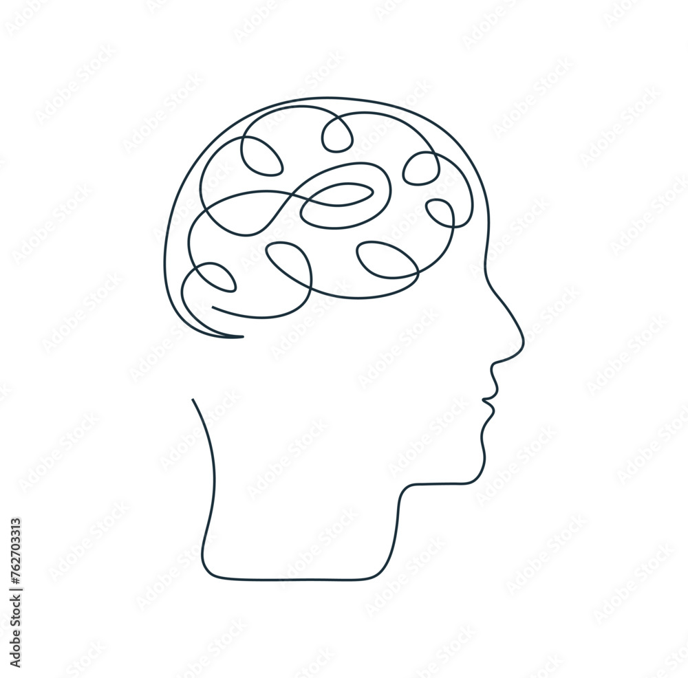 Wall mural human head with brain icon in one line. concept thinking in one continuous line. simple one line dra