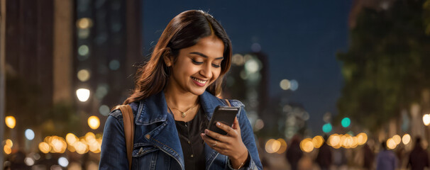 Smiling young Indian girl using mobile phone on city street at night, blurred out of focus background with bokeh lights and copy space for text, wide panoramic horizontal banner