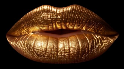  A black background with a golden lip, curled up with its tip touching the tip of the tip