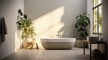 A bathroom with a bathtub, a sink, and a potted plant. The bathroom is clean and well-lit, with a modern design. The potted plant adds a touch of greenery and life to the space