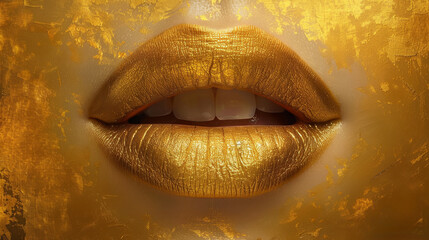  close-up of woman's mouth, painted gold, against golden background