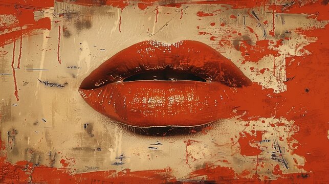 Red & White Background, Woman's Lips, Splattered Paint