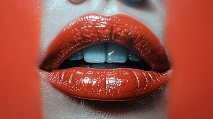  A woman wearing glasses, with an up-close shot of her mouth, featuring vivid red lipstick - obrazy, fototapety, plakaty