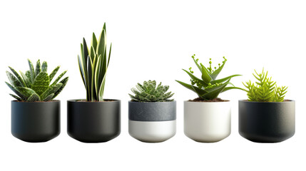 Various succulents in shades of black, white, and grey arranged in a harmonious row