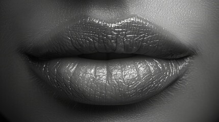  A photo of a woman's lip in close-up, captured in black and white