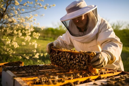 A beekeeper works with bees near the hive. Apiculture