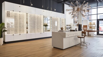 Upscale eyecare boutique with white lacquer and black metal display systems.