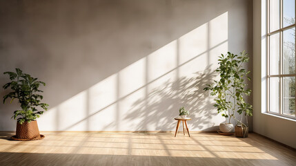 A large empty room with a window and two potted plants. The room is very bright and airy, with sunlight streaming in through the window