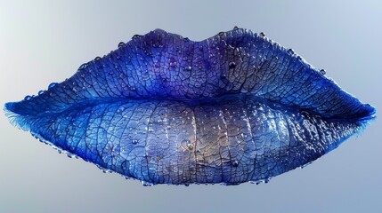   a close-up blue and purple object, showing water droplets on its lips, against a clear sky backdrop