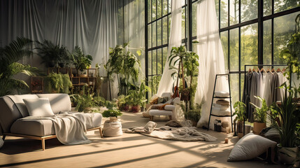 A large room with a lot of plants and a white couch. The room is very bright and airy, with lots of natural light coming in through the windows. The plants are arranged throughout the room