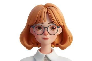 3D character of a red-haired cute girl. 3d avatar of a girl in glasses
