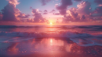 Capture the vibrant hues of a beach sunset, with the sky painted in a gradient of warm oranges, pinks, and purples, reflecting off the tranquil waters below. - obrazy, fototapety, plakaty