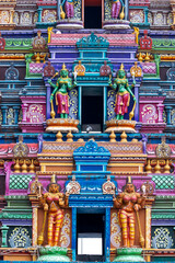 Detail colorful architecture of Goddess Kanakadurga temple in Vijayawada city, India