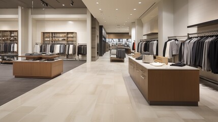 Upscale retailer with light maple casework and smoky gray stone tile floors.