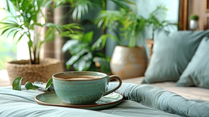 Fototapeta na wymiar A bedside coffee setup with a saucer, cup, and nearby plant