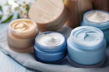 Various types of creams are available in jars, ranging from personal care creams to cosmetics. Some jars also hold ingredients like paint or liquid cream - obrazy, fototapety, plakaty