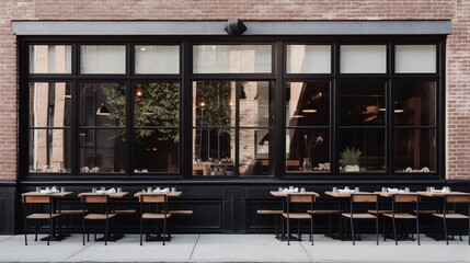 Urban eatery with whitewashed brick and black metal windows and trims. - obrazy, fototapety, plakaty