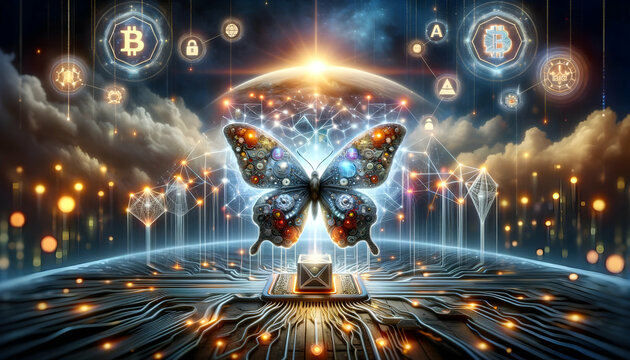 A magnificently intricate cyber butterfly symbolizes the complex evolution of the cryptocurrency network and blockchain technology.