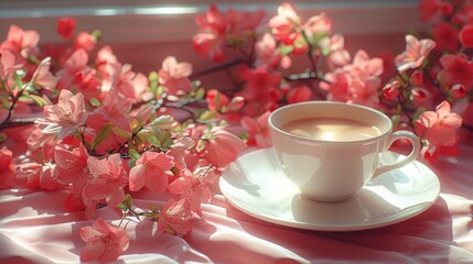 Obraz na płótnie Canvas A coffee cup on a saucer next to pink flowers