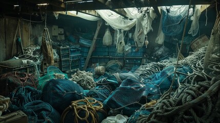 Fototapeta na wymiar Fishing net and nautical lines in a storage pile
