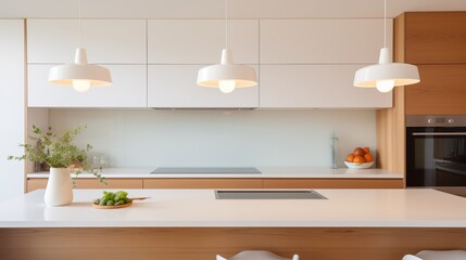 Warm minimalist kitchen with wood lower cabinets, sleek white uppers, and chic pendant lighting.