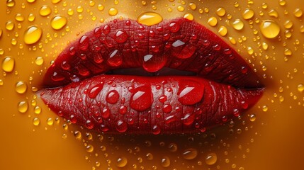  A close-up of a red lipstick with water droplets on its lips against a yellow background with water droplets