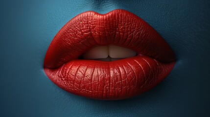  A close-up of a woman's mouth, painted with vibrant red lipstick against a blue backdrop