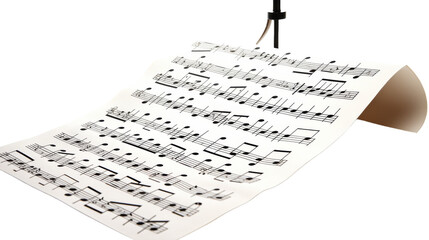 A sheet of music notes dangling from a metal hook against a plain background