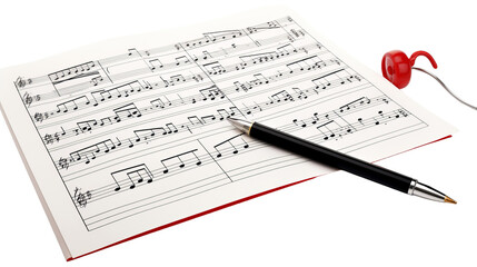 A sheet of music laid out with a pen and headphones placed on top