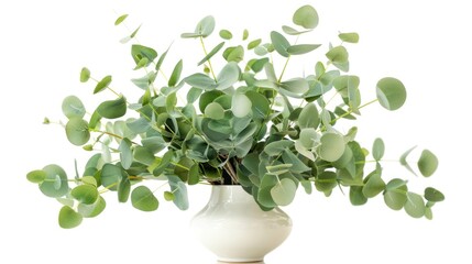 Green eucalyptus flower in vase isolated on white background. AI generated image