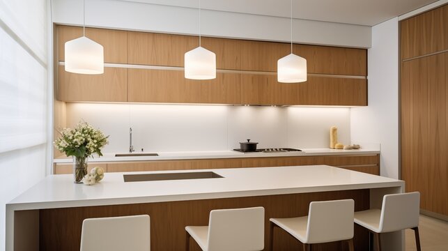 Warm minimalist kitchen with wood lower cabinets, sleek white uppers, and chic pendant lighting.