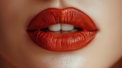  Close-up of a woman's lips with vibrant orange lipstick applied to the lower and upper lip
