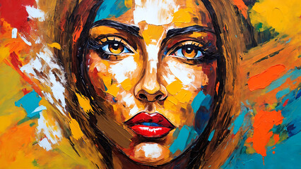 Colorful portrait of a beautiful woman, oil painting on canvas