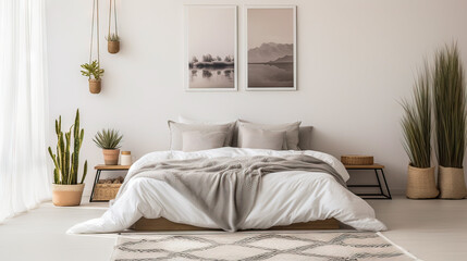 Fototapeta na wymiar A bedroom with a white bed and a gray blanket. The bed is surrounded by a rug and a few potted plants. The room has a minimalist and clean look, with a focus on the bed as the main focal point