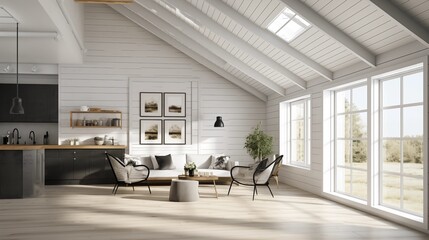 White shiplap walls with a dark gray tile floor and light wood ceiling beams.