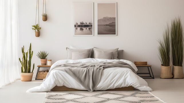 A bedroom with a white bed and a gray blanket. The bed is surrounded by a rug and a few potted plants. The room has a minimalist and clean look, with a focus on the bed as the main focal point