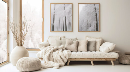 A living room with a white couch and two framed pictures on the wall. The couch is covered in a white blanket and there are two pillows on it. The room has a cozy - obrazy, fototapety, plakaty
